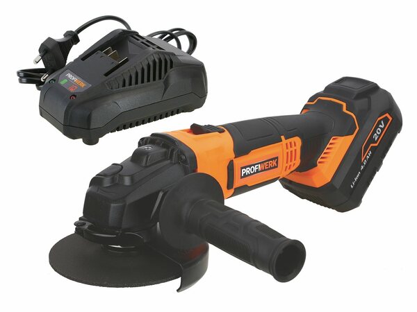 Bild 1 von Profiwerk Akku-Winkelschleifer PWWS25-01-Kit 20V, 125mm, M14, 4Ah Akku, max. 10000 U/min, Netzteil, Sicherungsmutternschlüssel, Orange|schwarz