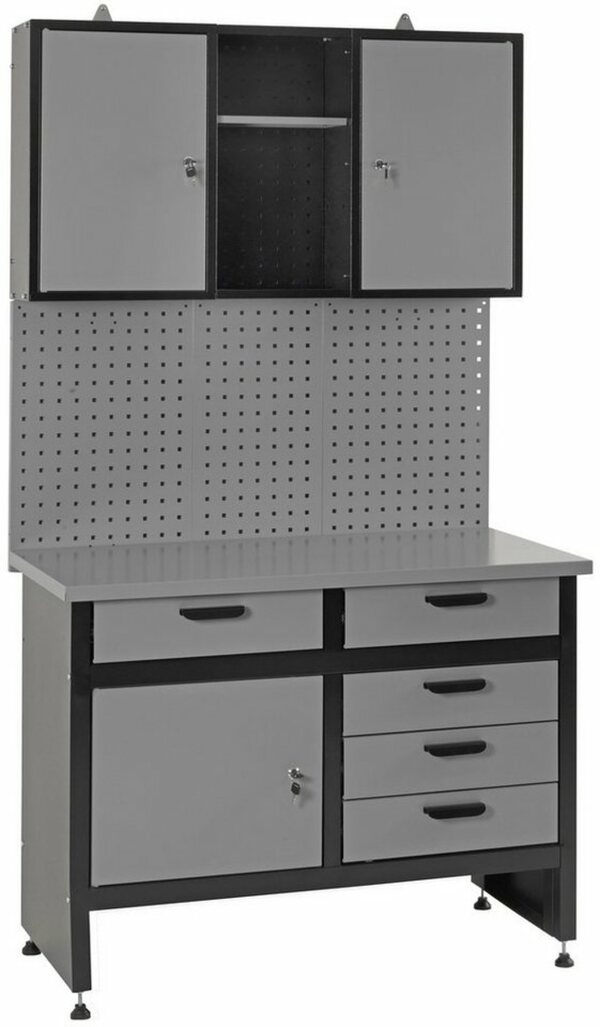 Bild 1 von Profiwerk Werkbank Werkstattset München, (Set, 3-tlg), Breite 110 cm, abschließbar, höhenverstellbar, Hängeschrank & Lochwand, Grau|schwarz