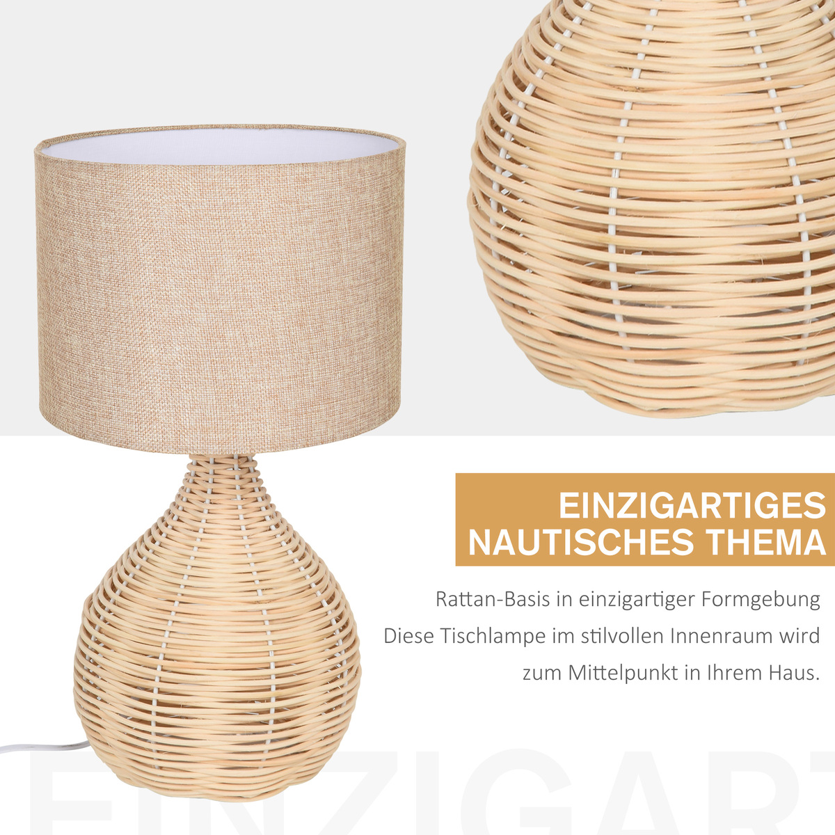 Bild 4 von HOMCOM Tischlampe Tischleuchte E27-Fassung Nachttischlampe 40 W Rattan Leinen Stahl Beige 22 x 22 x