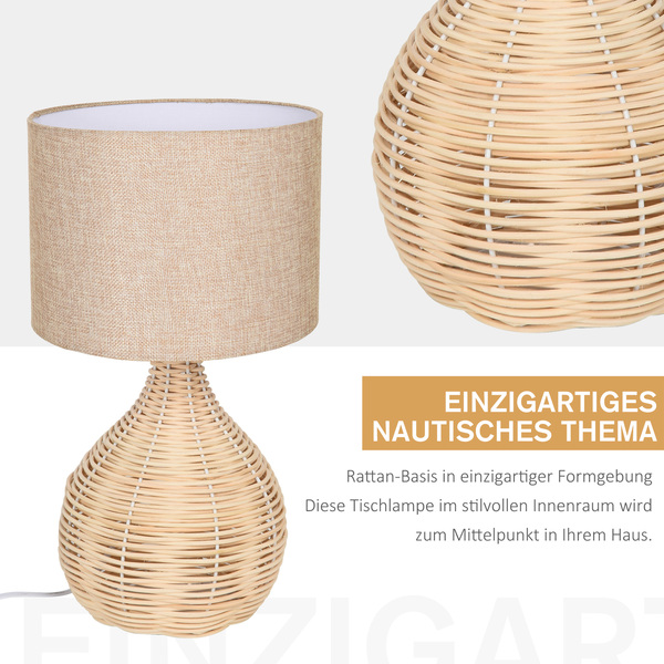 Bild 4 von HOMCOM Tischlampe Tischleuchte E27-Fassung Nachttischlampe 40 W Rattan Leinen Stahl Beige 22 x 22 x