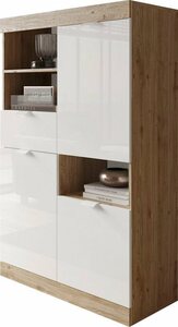 LC Highboard Slim, Breite 91 cm, weiß Hochglanz Lack, Braun|weiß