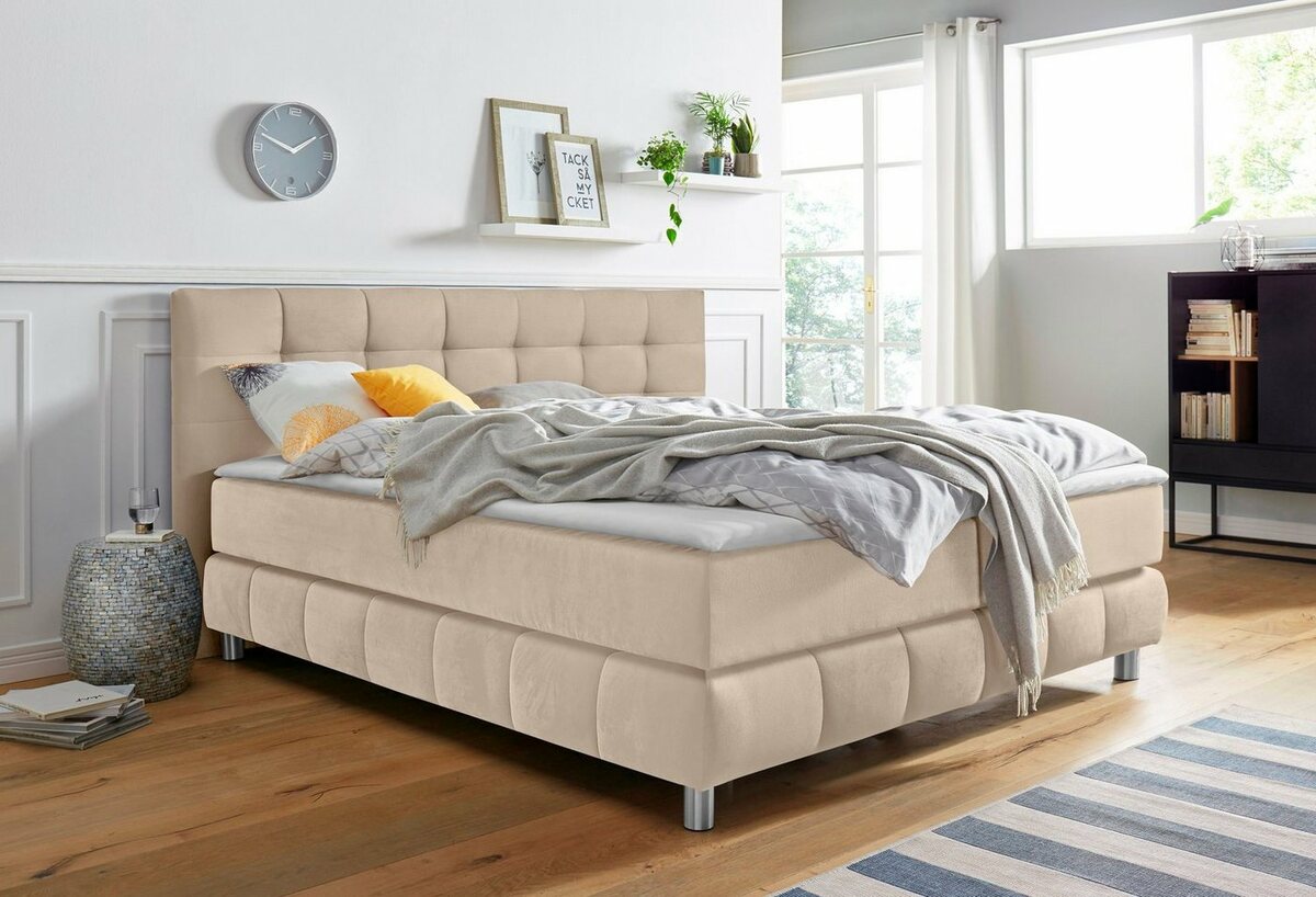 Bild 1 von Andas Boxspringbett Salo XXL, in Samtoptik oder Struktur, 6 Breiten in Überlänge 220cm, 4 Härtegrade, Beige