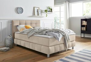 Andas Boxspringbett Salo XXL, in Samtoptik oder Struktur, 6 Breiten in Überlänge 220cm, 4 Härtegrade, Beige