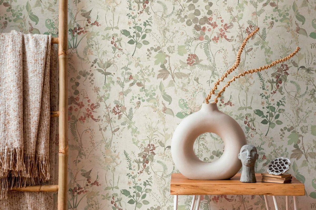 Bild 1 von A.S. Création Vliestapete THE BOS Landhaus Blumentapete, strukturiert, matt, (1 St), Pflanzen Floral, Grün|rot|weiß