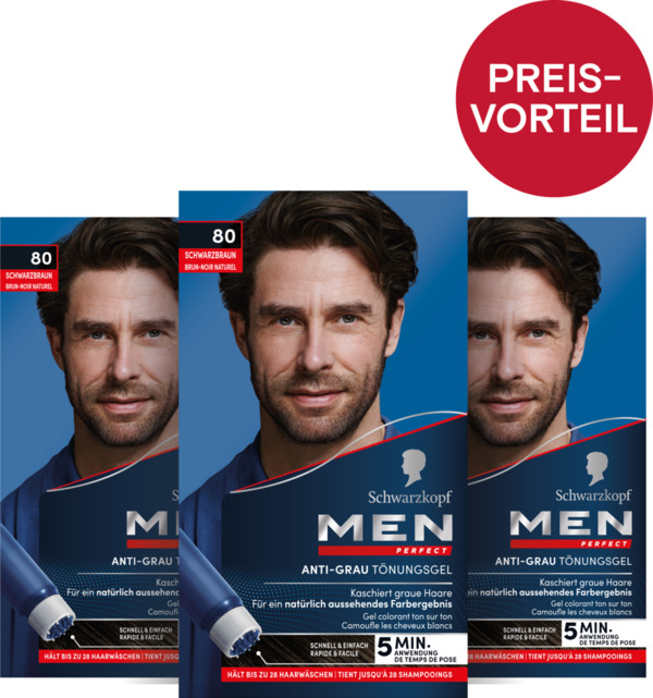 Bild 1 von Schwarzkopf Men Perfect Anti-Grau-Tönungs-Gel 80 Schwarzbraun 3er Vorteilsset