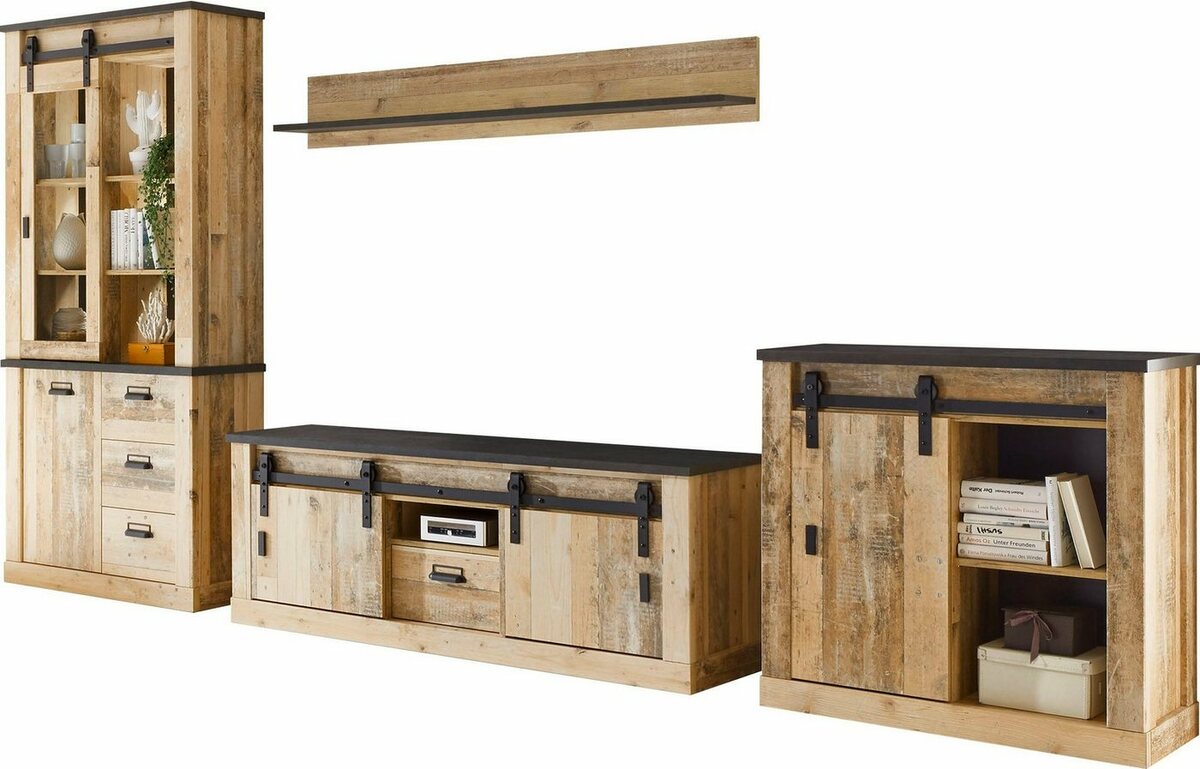 Bild 1 von Home affaire Wohnwand SHERWOOD, (4-St), mit Scheunentorbeschlag, Apothekergriffe aus Metall, Breite ca. 388 cm, Braun