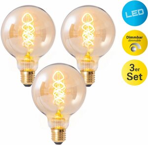 Näve Dilly LED-Leuchtmittel, E27, 3 St., Warmweiß, Retro Ø 9,5cm Filament, 3er Set, Effieziensklasse: G, E27/4W LED, Weiß
