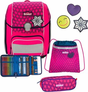 Scout Schulranzen Genius Neon Safety, Pink Glow (Set), mit 3 Funny Snaps, enthält recyceltes Material, Rosa