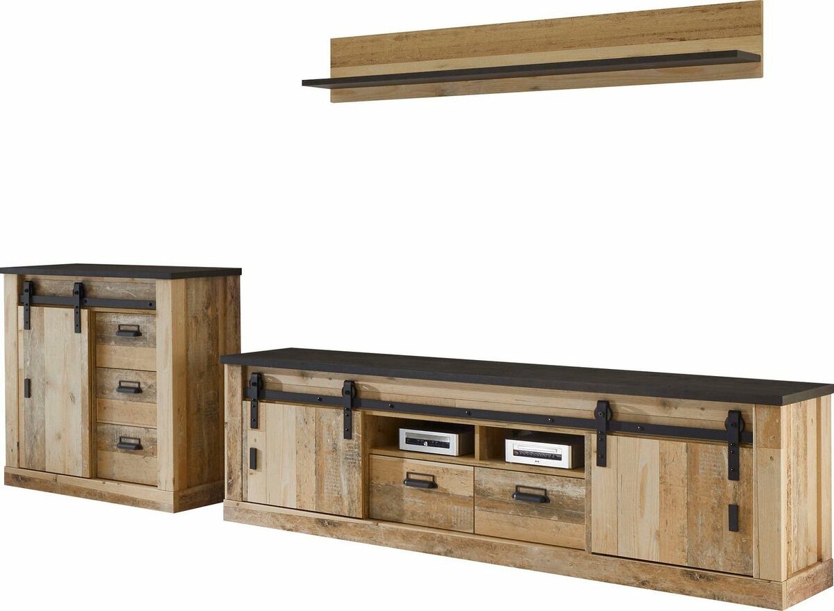 Bild 1 von Home affaire Wohnwand SHERWOOD, (3-St), mit Scheunentorbeschlag, Apothekergriffe aus Metall, Breite ca. 272 cm, Braun