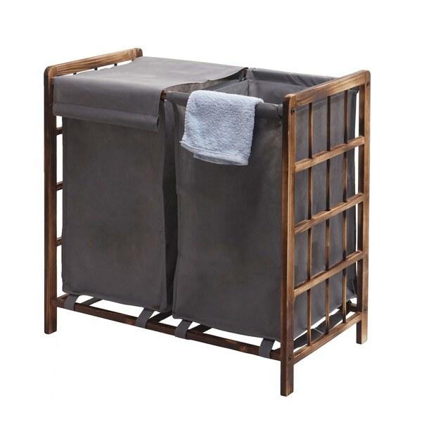 Bild 1 von Wäschesammler MCW-B60, Laundry Wäschebox Wäschekorb, Massiv-Holz 2 Fächer 60x60x33cm 68l ~ braun, Bezug grau