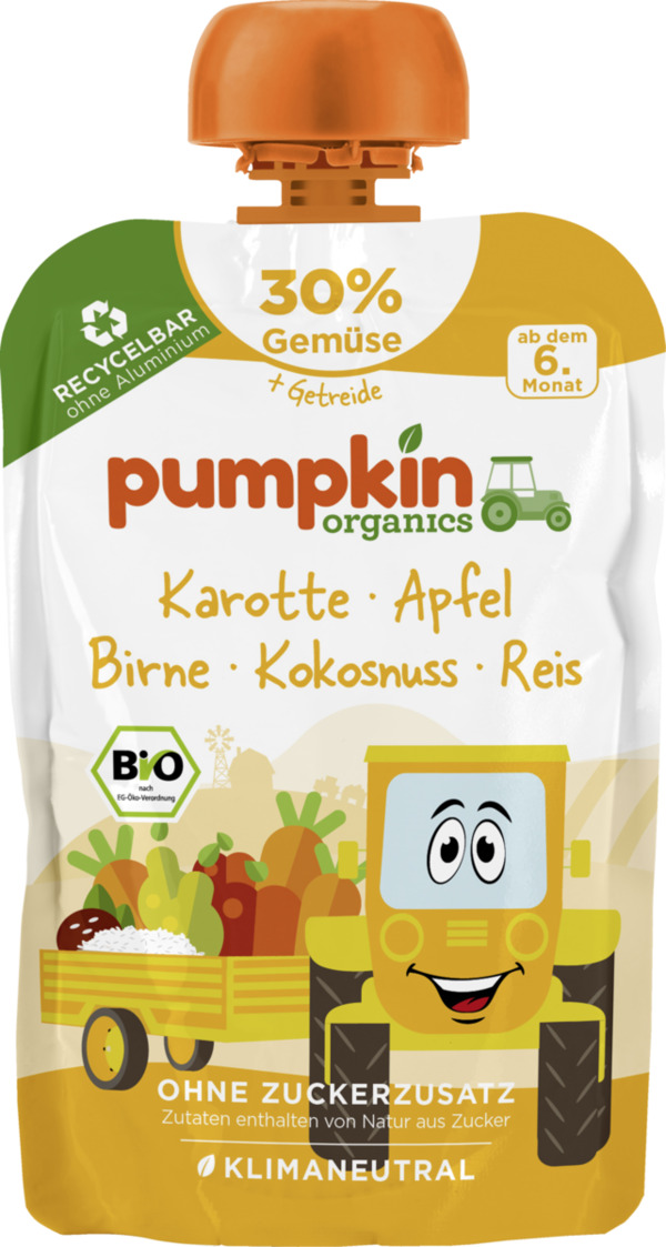 Bild 1 von Pumpkin Organics Bio Quetschie aus Karotte, Apfel, Birne, Kokosnuss, Reis