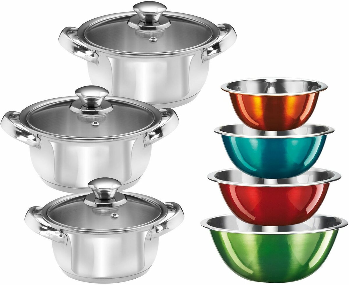 Bild 1 von KING Topf-Set EDELSTAHL, Edelstahl (Set, 10-tlg), 3 Töpfe Ø 16/18/20 cm inkl. Glasdeckel, Induktion, 4 Schüsseln, Bunt|silberfarben