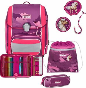 Scout Schulranzen Genius, Pink Horse (Set), mit 3 Funny Snaps, enthält recyceltes Material, Lila