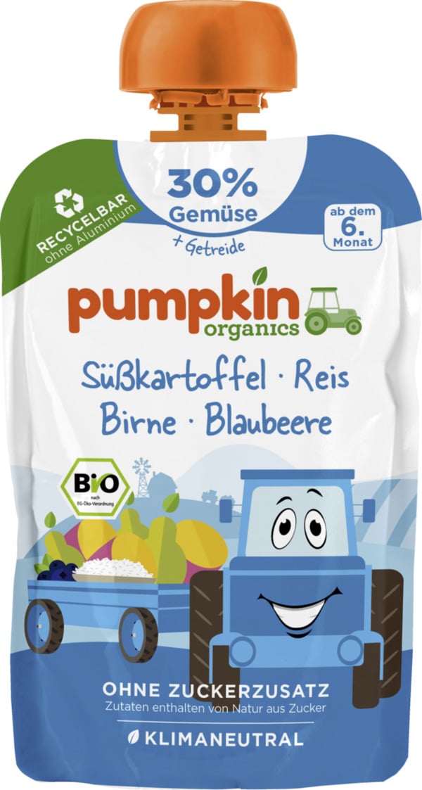 Bild 1 von Pumpkin Organics Bio Quetschie aus Süßkartoffel, Reis, Birne, Blaubeere