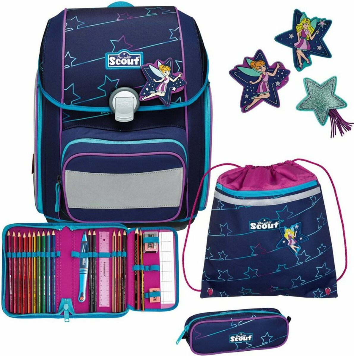 Bild 1 von Scout Schulranzen Genius, Blue Star (Set), mit 3 Funny Snaps, enthält recyceltes Material, Blau