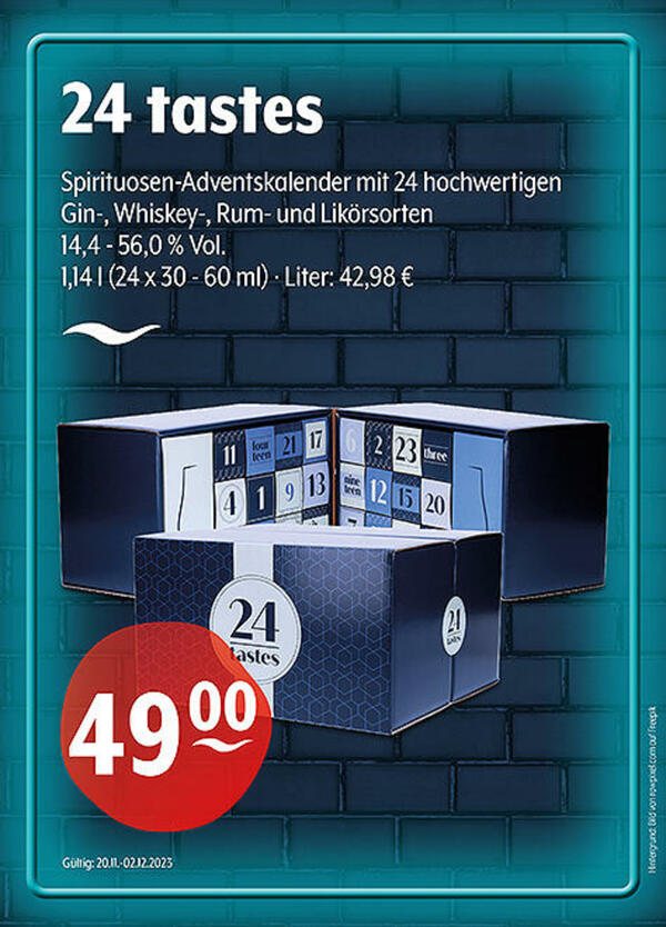 Bild 1 von 24 tastes Spirituosen-Adventskalender mit 24 hochwertigen Gin-, Whiskey-, Rum- und Likörsorten
14,4 % - 56,0 % Vol.