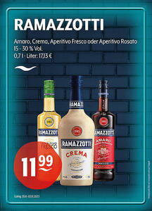 RAMAZZOTTI Amaro, Crema, Aperitivo Fresco oder Aperitivo Rosato
15 - 30 % Vol.