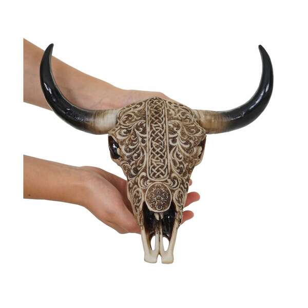 Bild 1 von Deko Schädel 31cm MCW-C15, Polyresin Stier Bulle Longhorn Kopf Trophäe mit Tribal, In-/Outdoor