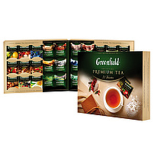 Set aus 24 Sorten Greenfield Tee. Teesortiment aus verschied...