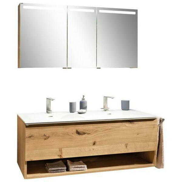 Bild 1 von Voglauer Badezimmer, Eiche, Holz, Glas, Stein, Eiche, furniert, mehrschichtige Massivholzplatte (Tischlerplatte), 1 Schubladen, 128.4 cm, hängend, individuell planbar, Badezimmer, Badmöbelsets & -s