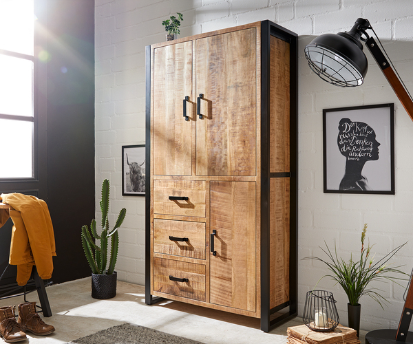 Bild 1 von Highboard Crompton 100x185cm Mango Natur Metall Schwarz 3 Türen 3 Schübe