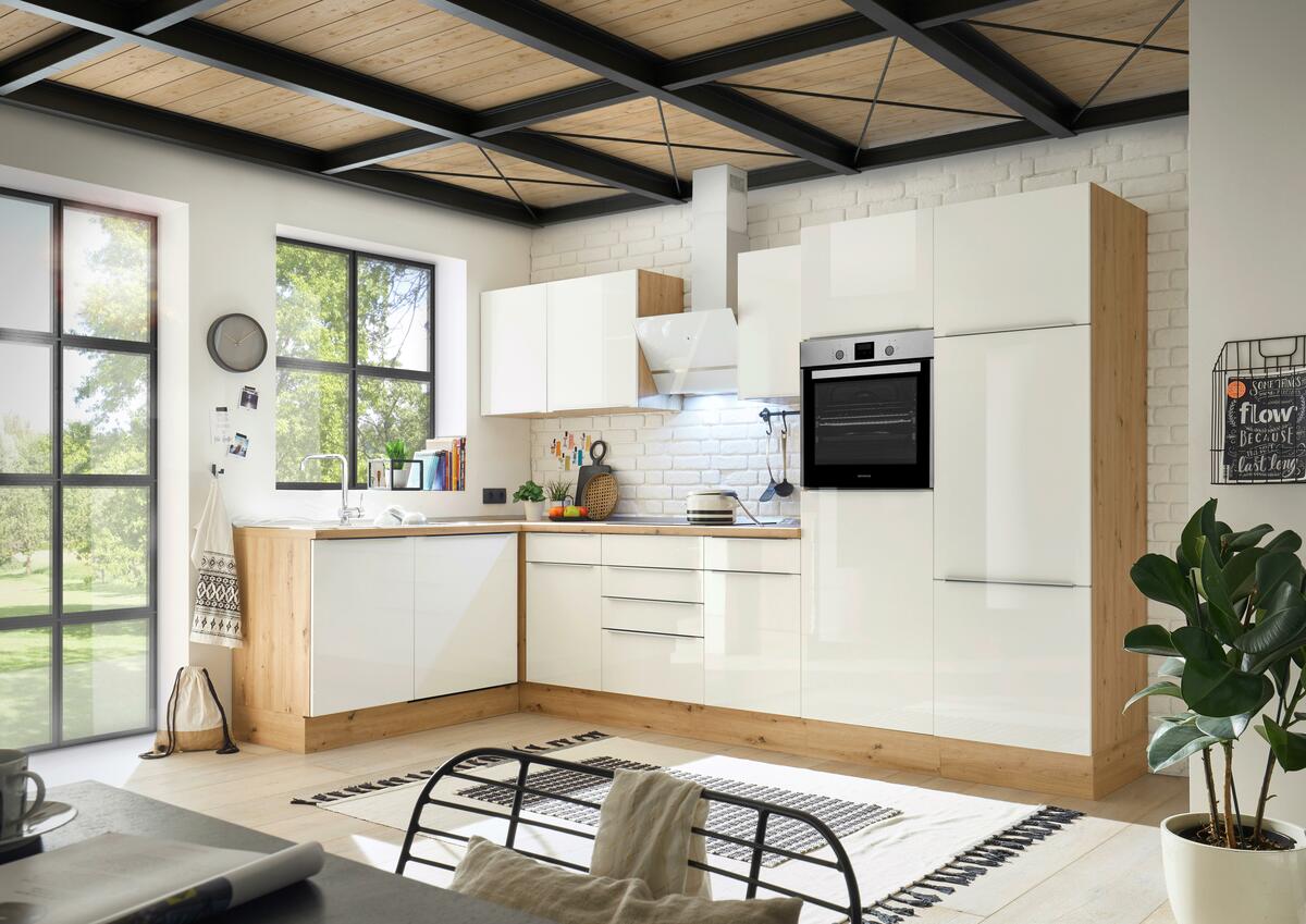 Bild 1 von Eckküche mit Geräten 340x170 cm Weiß/Eiche Dekor, modern, Eiche Artisan, Weiß Hochglanz