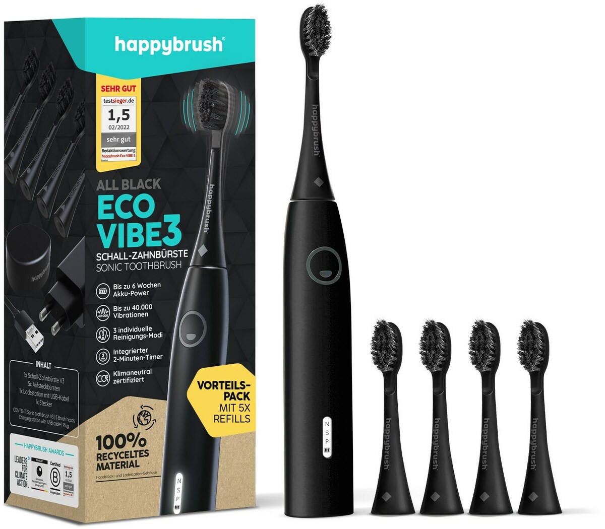 Bild 1 von ECO VIBE 3 Starterkit + 4 Refills Schallzahnbürste schwarz