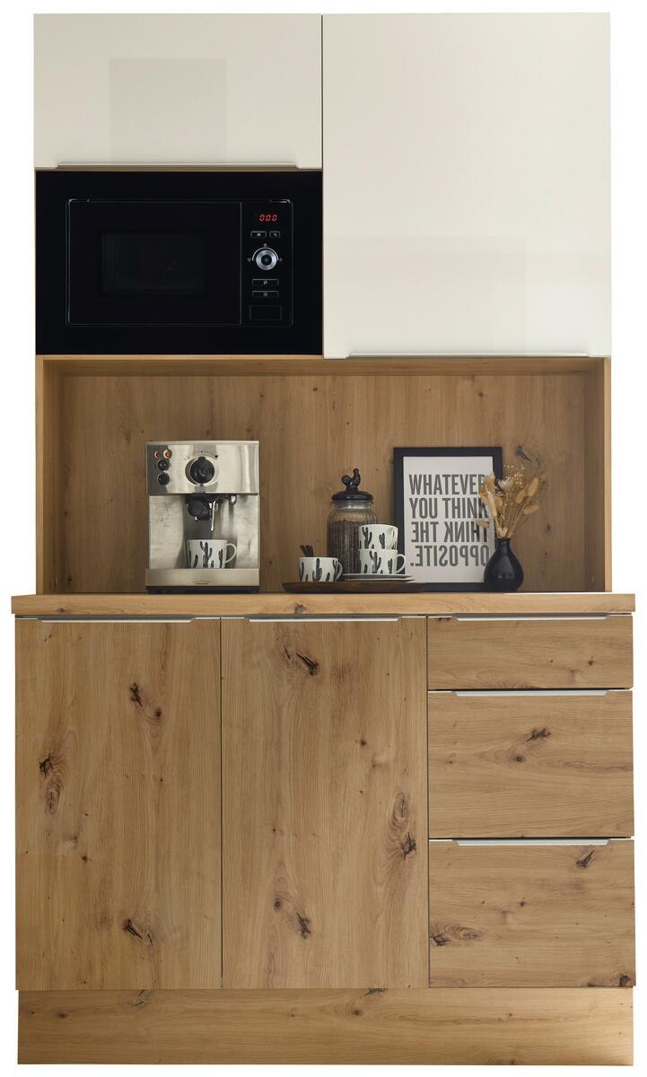 Bild 1 von Miniküche mit Mikrowelle B. 120 cm Eiche Dekor/Weiß, Eiche Artisan, Weiß Hochglanz