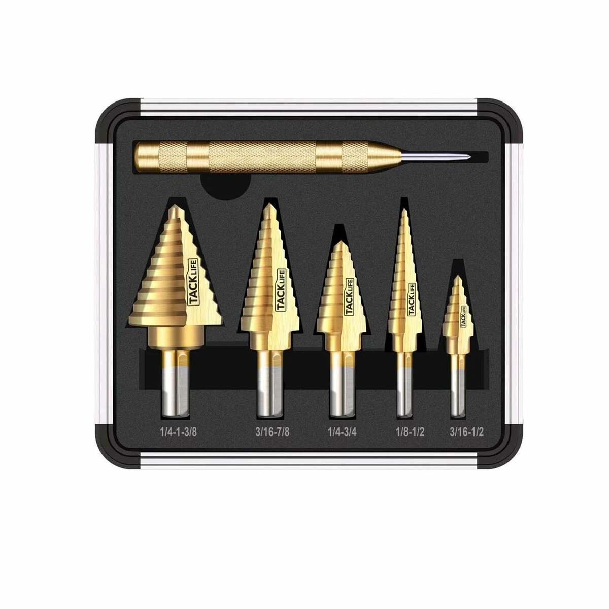 Bild 1 von Tacklife PDH06A Schritt Bohrer Set mit & automatische Center Punch insgesamt 50 Größen