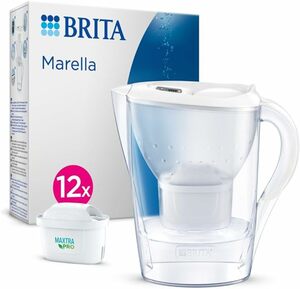 BRITA Wasserfilter-Kanne Marella weiß (2,4l) inkl. 12x MAXTRA PRO All-in-1 Kartusche (Jahresvorrat) – Filter zur Reduzierung von Kalk, Chlor, Blei, Kupfer & geschmacksstörenden Stoffen im Wasser