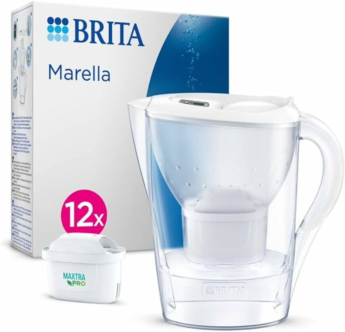Bild 1 von BRITA Wasserfilter-Kanne Marella weiß (2,4l) inkl. 12x MAXTRA PRO All-in-1 Kartusche (Jahresvorrat) – Filter zur Reduzierung von Kalk, Chlor, Blei, Kupfer & geschmacksstörenden Stoffen im Wasser