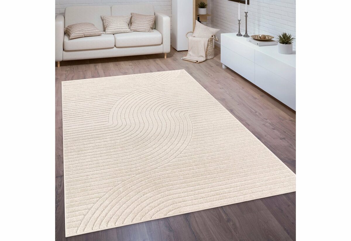 Bild 1 von Teppich Cotton 233, Paco Home, rechteckig, Höhe: 10 mm, Kurzflor, Uni Farben, Hoch-Tief-Effekt, Scandi-Look, Outdoor geeignet, Beige