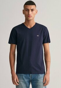 Gant T-Shirt SLIM SHIELD V-NECK T-SHIRT mit einer kleinen Logostickerei auf der Brust, Blau