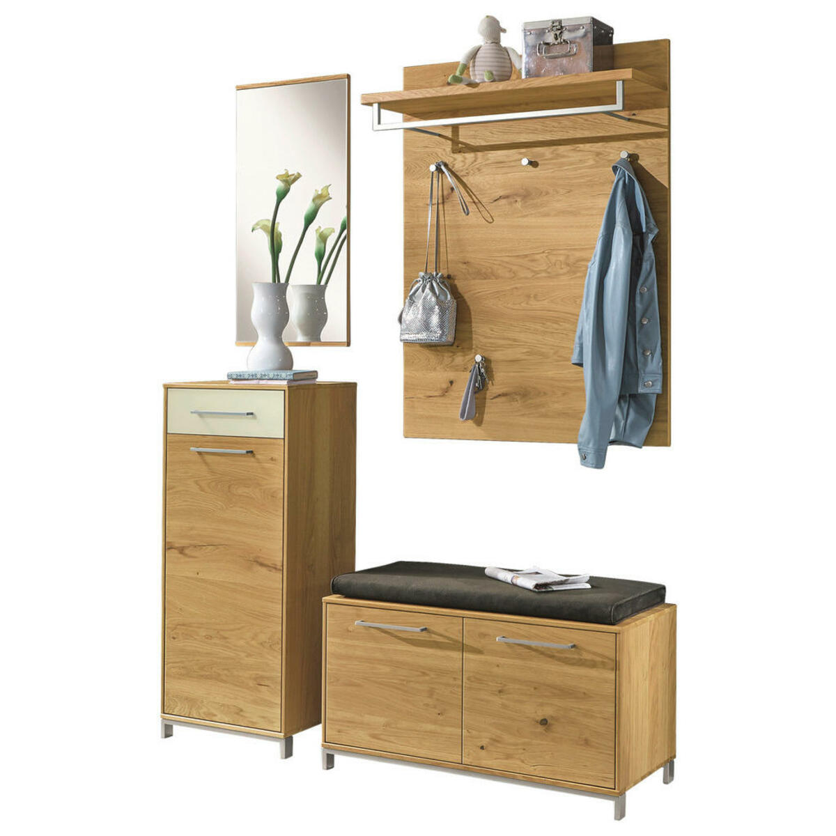 Bild 1 von Garderobe, Anthrazit, Weiß, Eiche, Holz, Glas, Textil, 5-teilig, Eiche, Balkeneiche, furniert, teilmassiv, 140x195x40 cm, Garderobe, Garderoben-Sets