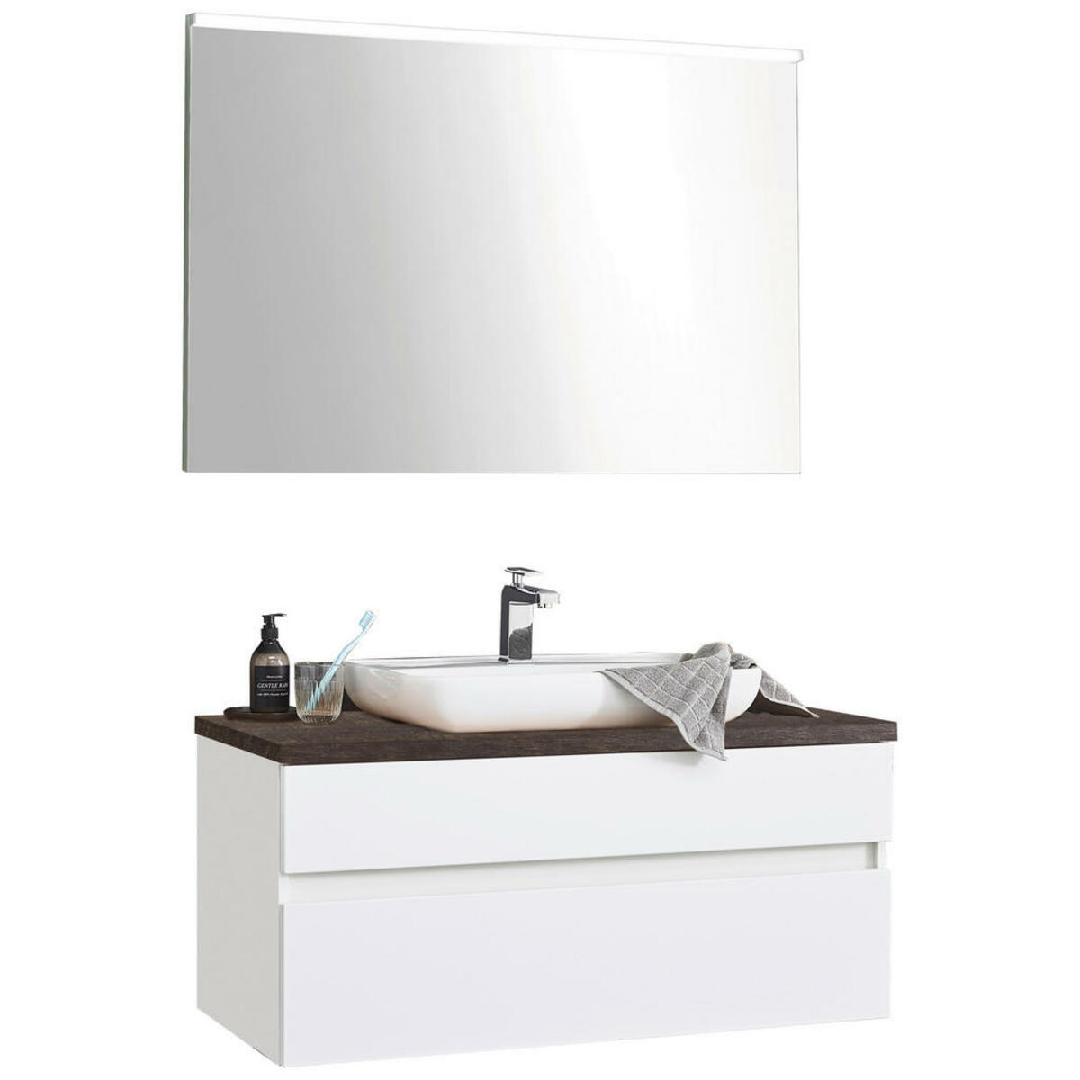 Bild 1 von Novel Badezimmer, Weiß, Eiche, Glas, 2 Schubladen, 100 cm, Goldenes M, Made in Germany, hängend, Zusatzausstattung erhältlich, Typenvielfalt, Badezimmer, Badmöbelsets & -serien, Badmöbel-Sets