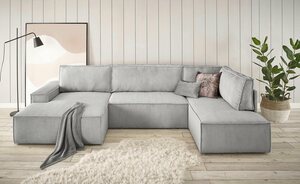 Home affaire Wohnlandschaft SHERWOOD, mit Bett-Funktion (Liegefläche 194x139 cm), Cord, Vintage, Samtvelours, Grau|silberfarben