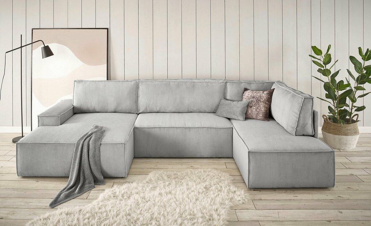 Bild 1 von Home affaire Wohnlandschaft SHERWOOD, mit Bett-Funktion (Liegefläche 194x139 cm), Cord, Vintage, Samtvelours, Grau|silberfarben