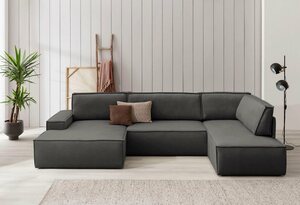 Home affaire Wohnlandschaft SHERWOOD, mit Bett-Funktion (Liegefläche 194x139 cm), Cord, Vintage, Samtvelours, Grau