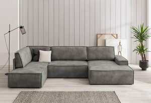 Home affaire Wohnlandschaft SHERWOOD, mit Bett-Funktion (Liegefläche 194x139 cm), Cord, Vintage, Samtvelours, Grau