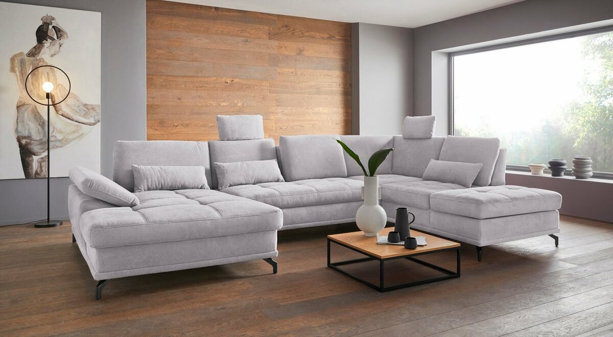 Bild 1 von Places of Style Wohnlandschaft Costello, incl. Sitztiefenverstellung und Armlehnfunktion, 3 Nierenkissen, Silberfarben