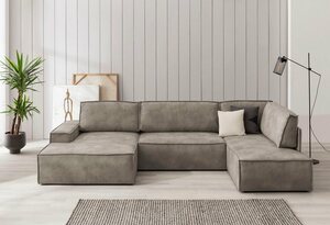 Home affaire Wohnlandschaft SHERWOOD, mit Bett-Funktion (Liegefläche 194x139 cm), Cord, Vintage, Samtvelours, Grau