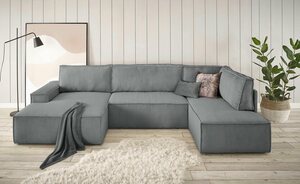 Home affaire Wohnlandschaft SHERWOOD, mit Bett-Funktion (Liegefläche 194x139 cm), Cord, Vintage, Samtvelours, Grau