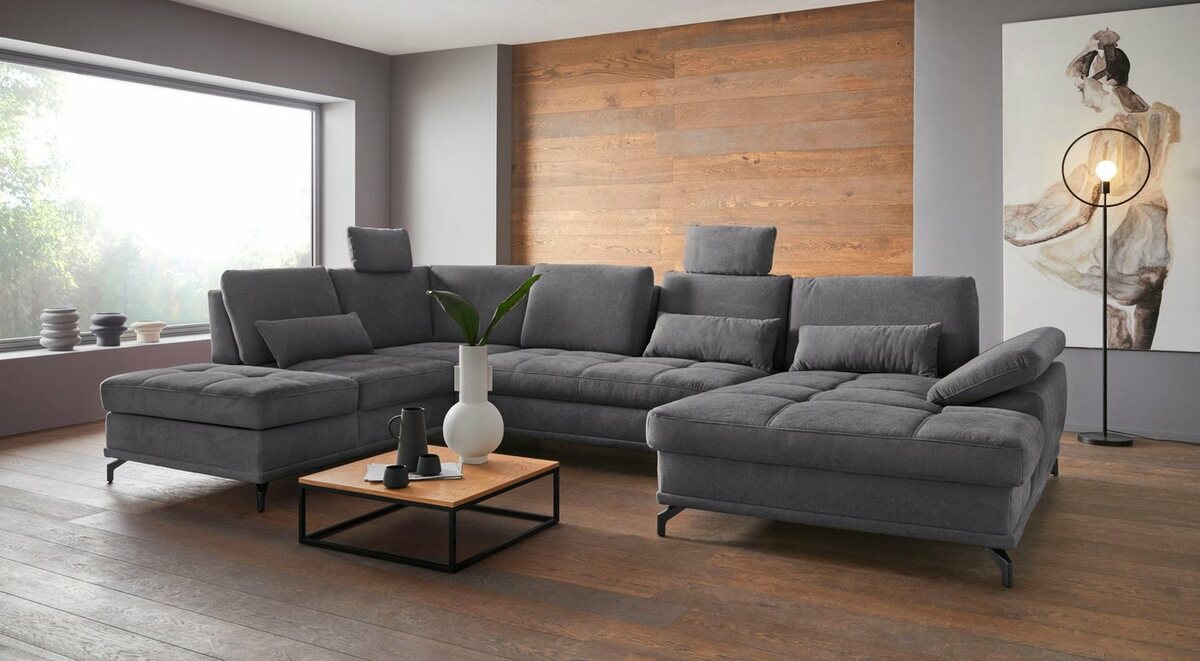 Bild 1 von Places of Style Wohnlandschaft Costello, incl. Sitztiefenverstellung und Armlehnfunktion, 3 Nierenkissen, Grau