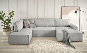 Home affaire Wohnlandschaft SHERWOOD, mit Bett-Funktion (Liegefläche 194x139 cm), Cord, Vintage, Samtvelours, Grau|silberfarben