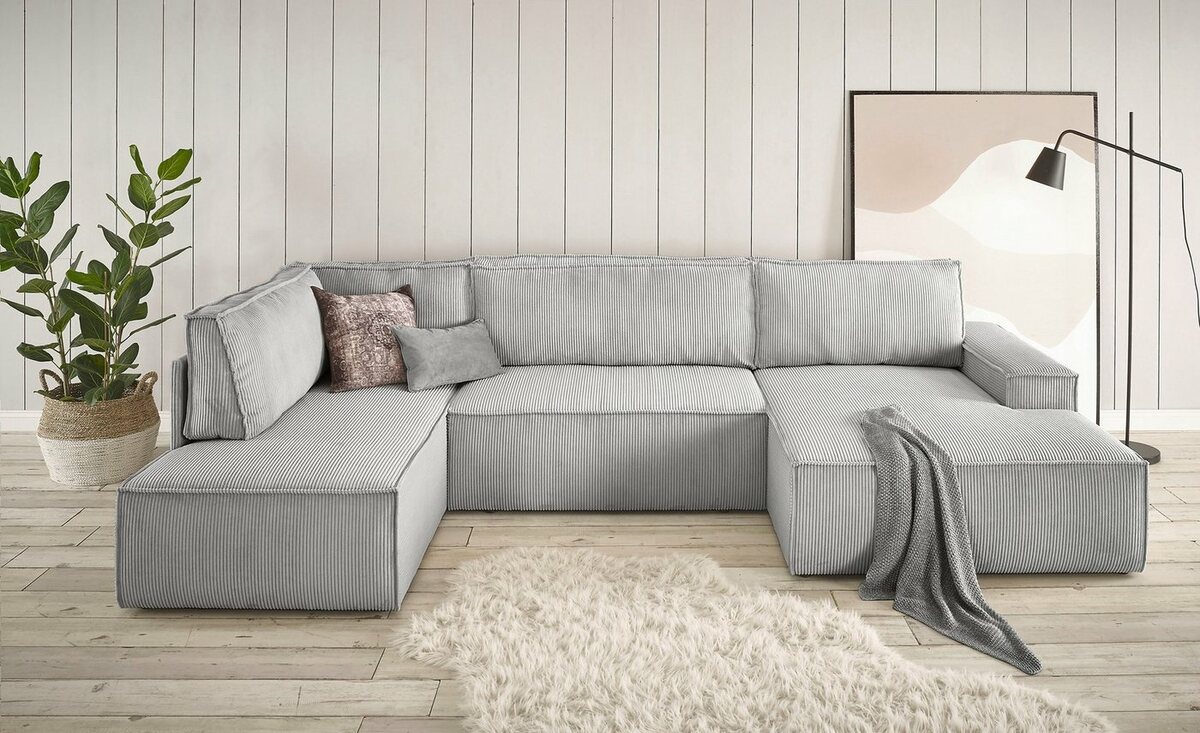 Bild 1 von Home affaire Wohnlandschaft SHERWOOD, mit Bett-Funktion (Liegefläche 194x139 cm), Cord, Vintage, Samtvelours, Grau|silberfarben