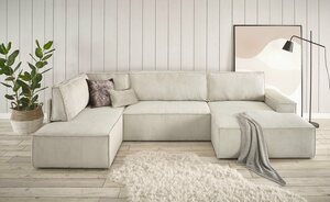 Home affaire Wohnlandschaft SHERWOOD, mit Bett-Funktion (Liegefläche 194x139 cm), Cord, Vintage, Samtvelours, Beige|braun