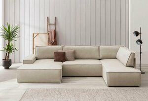 Home affaire Wohnlandschaft SHERWOOD, mit Bett-Funktion (Liegefläche 194x139 cm), Cord, Vintage, Samtvelours, Weiß