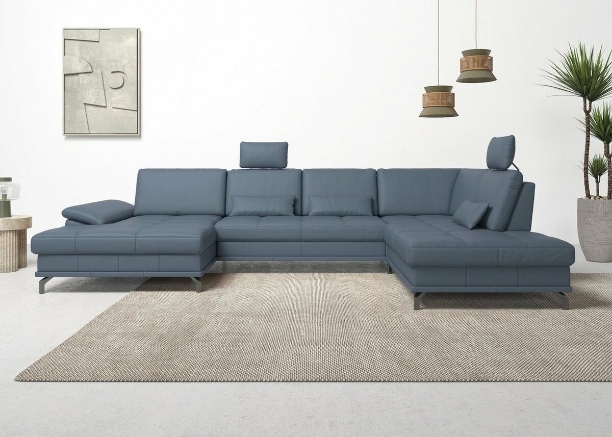 Bild 1 von Places of Style Wohnlandschaft Costello, incl. Sitztiefenverstellung und Armlehnfunktion, 3 Nierenkissen, Blau|grau