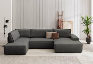 Home affaire Wohnlandschaft SHERWOOD, mit Bett-Funktion (Liegefläche 194x139 cm), Cord, Vintage, Samtvelours, Grau