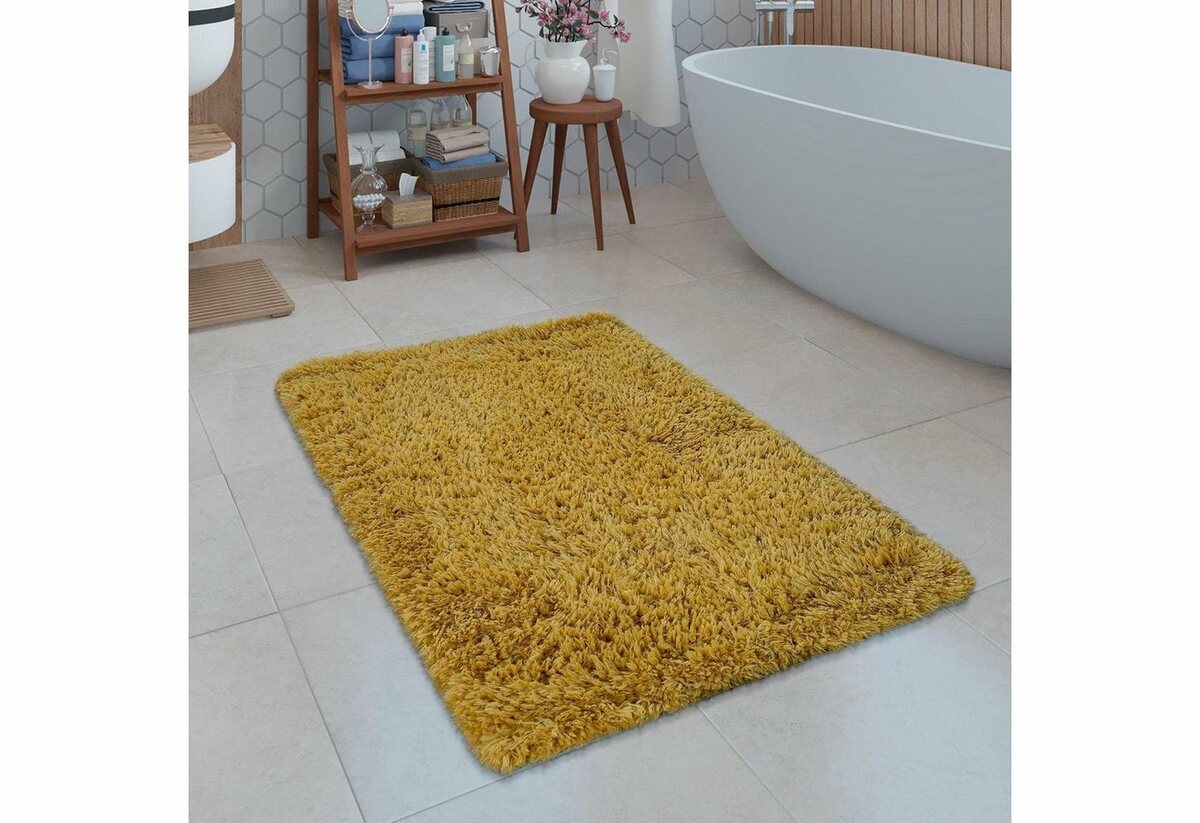 Bild 1 von Badematte Kanda 360 Paco Home, Höhe 44 mm, rutschhemmend beschichtet, fußbodenheizungsgeeignet, Polyester, rechteckig, Badteppich, Uni Farben, weicher Hochflor, rechteckig & rund erhältlich, Gelb